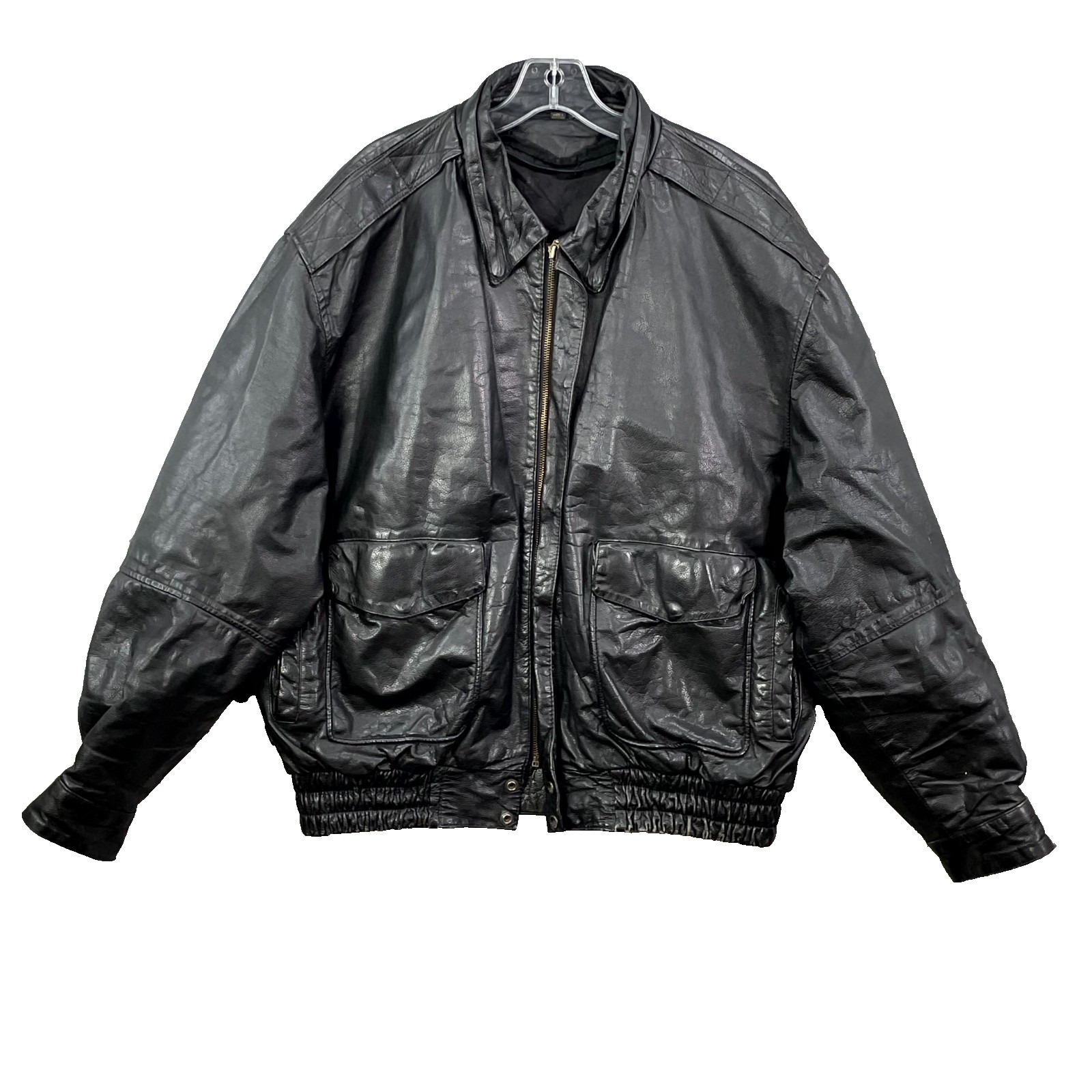Bomber Jacket Mens 2xl Black Leather Full Zip Biker Motorcycle Rugged Workwear